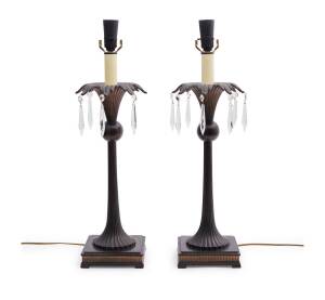 A pair of bronzed cast metal and cut crystal lamps in the shape of palm trees