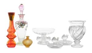 A Lalique bird dish and a collection of perfume bottles