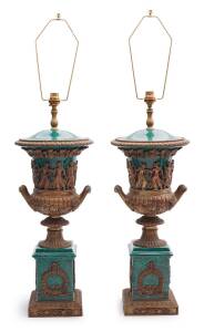 A pair of faux malachite and gilt bronze mounted classical urn lamps