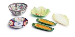 A collection of porcelain comprising a Chinese Imari plate, a Chinese bowl, a pair of corn cob dishes, a Royal Winton dish and a Carlton ware dish