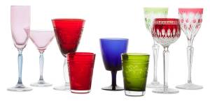A collection of approximately seventy various coloured and cut wine and water glasses and tumblers&nbsp;