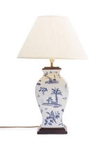 A Delft style blue and white porcelain lamp and shade
