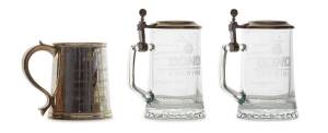 A sterling silver mug, London 1988, engraved "Bond Corporation Holdings Limited" and two Bond Brewing Share Issue glass pewter steins
