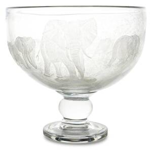 A large glass bowl, finely engraved with elephants, indistinctly signed