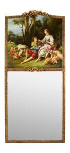 A pair of trumeau mirrors, each with rococo oil on canvas&nbsp;panels after Boucher above mirror plates