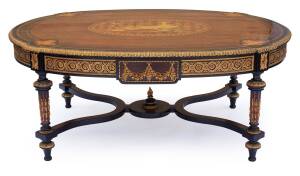 A Louis XV style oval ormolu mounted marquetry, ebonised and amboyna low centre table, late 19th/early 20th century