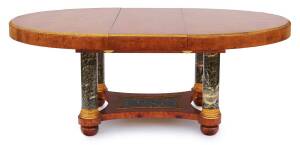 An impressive Biedermeier style ormolu mounted burr elm and marble dining table, late 19th/early 20th century