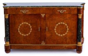 An impressive Biedermeier style ormolu mounted burr elm and marble crezenda, late 19th/early 20th century