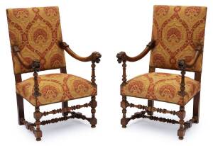 A pair of &nbsp;Louis XIV style rectangular back walnut armchairs, French 19th century