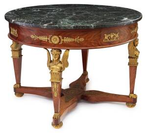 A French Empire style circular ormolu mounted mahogany centre table with&nbsp;verde antico&nbsp;marble top