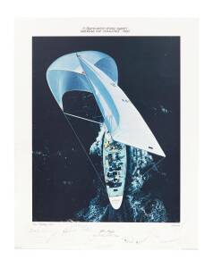 "In Appreciation of your support, AMERICAS CUP CHALLENGE 1980" a signed poster of an aerial image of AUSTRALIA II, signed by members of the crew and support team