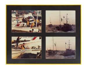 Five framed panels, each with four photographs depicting scenes of Australia II's challenge and victory