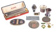 BEN LEXCEN'S PERSONAL ITEMS, noted VIP Memosail regatta watch in case (needs service); spectacles (2 pairs); harmonicas (2); 1957 Certificate of Apprenticeship; cuff-links (3 pairs); cloth badges (26); boxing kangaroo belt buckle; Paul Rigby cartoon (sign