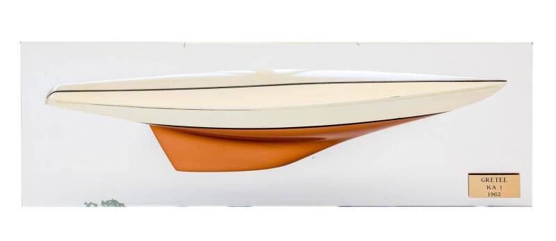 "GRETEL KA1 1962", GRP Model with mirror backing, size 50x18cm. [First ever Australian 12 metre, named after Frank Packer's late wife. Unsuccessful Challenger for the 18th America's Cup 1962].