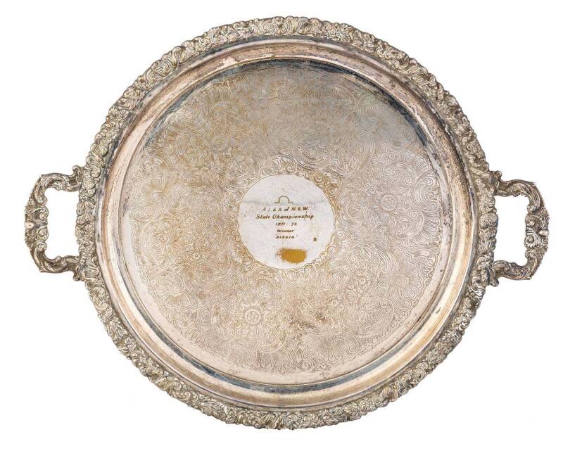 Silver-plated tray, engraved "A.I.S.A. of N.S.W., State Championship, 1971-72, Winner "Alexia", 41cm diameter.