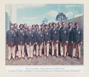 1972 MUNICH OLYMPICS: Medal "Olympic Yacht Trials 1972/ Melbourne, Victoria. SOLING, Invitation Race 1st" encased in perspex; 1972 Munich Participation medal encased in perspex; plus photo of the 1972 Australian Olympic Sailing team in their blazers. [The