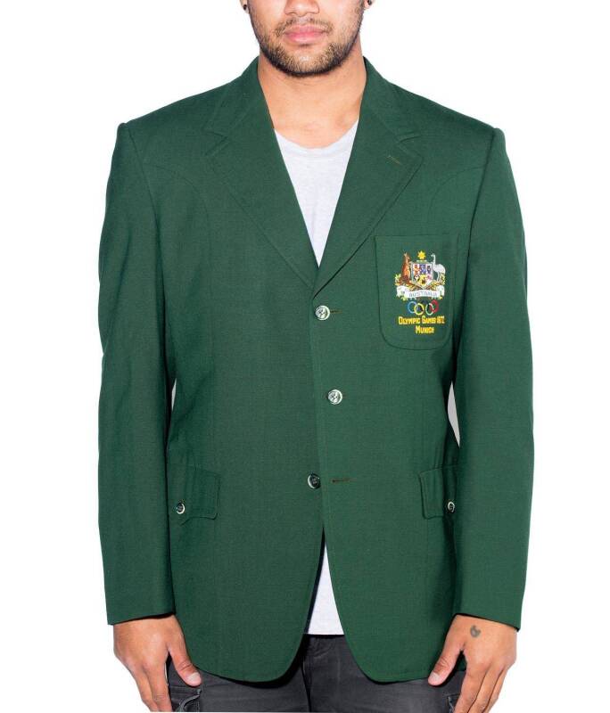 BEN LEXCEN'S 1972 AUSTRALIAN OLYMPIC TEAM BLAZER, green ith embroidered pocket, Australian Coat-of-Arms/ Olympic Games 1972/ Munich". 