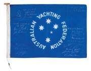 AUSTRALIAN YACHTING FEDERATION FLAGS (2), each with 16 signatures including John Bertrand (Finn KA), David Forbes, Tim Alexander, Gordon Ingate, John Shaw & Tom Andrews, each 49x33cm. 