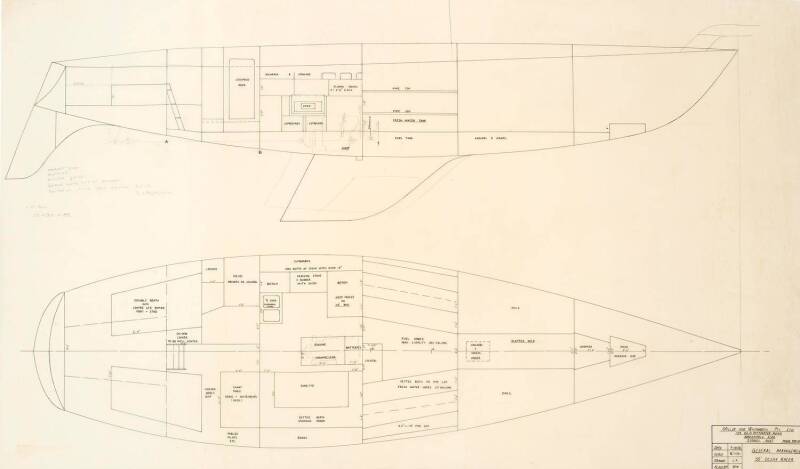 50' OCEAN RACER: Miller & Whitworth original plans, drawings & blueprints, 1972-75, set of 9 drafting film & blueprint sheets.