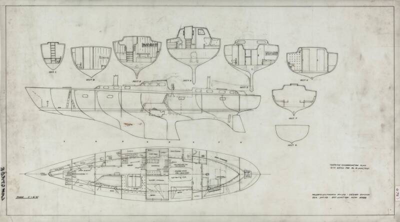 M&W 72' FOR JACK ROOKLYN: Miller & Whitworth original plans, drawings & blueprints, c1972-74, set of 15 drafting film, paper & blueprint sheets.