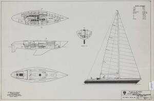 M&W 48': Miller & Whitworth original plans, drawings & blueprints, c1974-75, set of 53 drafting film, paper & graph paper sheets.