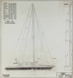 53' 8" RACING YACHT: Miller & Whitworth original plans, drawings & blueprints, c1974, drafting film sheet.