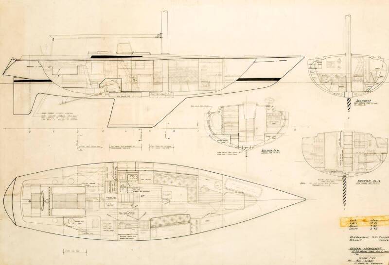 12-2 METRE AUXILIARY YACHT PLANS: Ben Lexcen original plans, drawings & blueprints, 1980, set of 11 drafting film sheets.