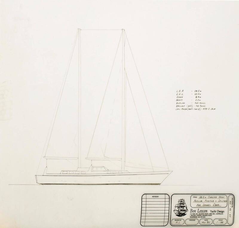 40' CAT RIGGED SCHOONER: Ben Lexcen original plans, drawings & blueprints, set of 3 drafting film sheets.