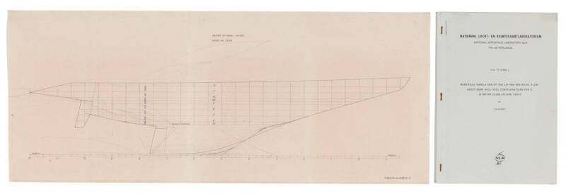 NETHERLANDS SHIP MODEL BASIN - TANK TEST DATA: Group with report "Numerical Simulation of the Lifting Potential Flow About Some Hull-Keel Configurations for a 12-Metre Class Sailing Yacht" by J.W.Sloof; various plans, some with manuscript corrections; Sik