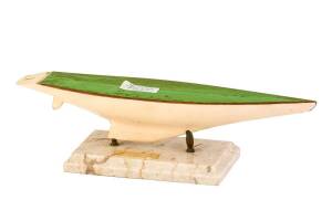"AUSTRALIA KA5", carved timber model mounted on a marble plinth with brass palisters, bears a label "Anne Lady Hardy, 4 Dimora Crt Nil St, Adelaide SA 5000", 39cm long.