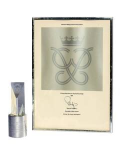 PRINCE PHILIP PRIZE, trophy 20cm tall, engraved "The Prince Philip Prize for Australian Design, 1984, Industrial Design Council of Australia, Special category, Awarded to Ben Lexcen, for the 12m Yacht 'Australia II"; plus framed certificate.