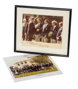 RONALD REAGAN & BOB HAWKE: Commemorative colour photographs of the Australia II crew with Ben Lexcen & Alan Bond, one signed by Ronald Reagan, other signed by Bob Hawke.