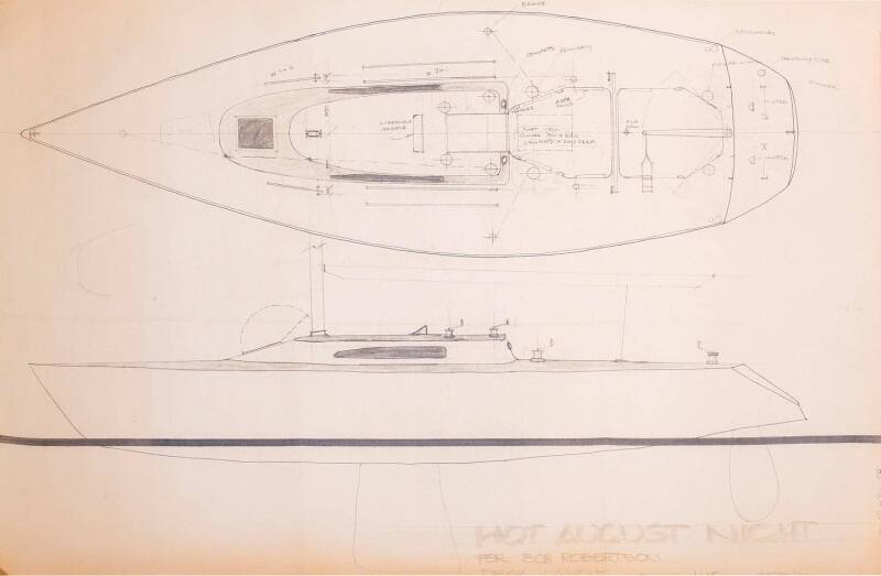 HALF-TON YACHT "HOT AUGUST NIGHT" FOR R.J.ROBINSON: Ben Lexcen original plans, drawings & blueprints, 1983, set of 5 drafting film & graph paper sheets.