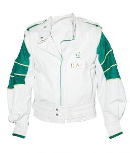BEN LEXCEN'S AUSTRALIA III LEATHER JACKET, white kid leather with green suede sleeves, with "12/ KA-9" on breast.