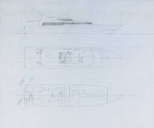 LEXCEN MOTOR CRUISER: Ben Lexcen original plans, drawings & blueprints, set of 21 drafting film, graph paper & paper sheets.