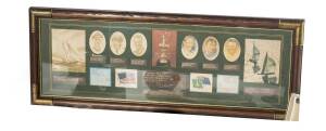 America's Cup display signed by Ben Lexcen, window mounted, framed & glazed, overall 86x32cm.