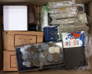 Carton with Australia including 1977 Proof set, 2010 ($2) 2oz .999 silver 'Year of the Tiger' in case, RAM $1 Pad Printed Coins x7, World coins in album and boxes including North Borneo 1920 2½c, USA 1889 $1, some banknotes including Hong Kong Chartered B