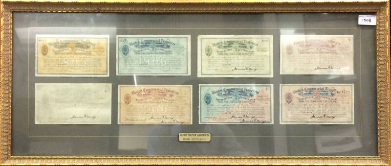 United Commercial Travellers', 1905-1912 'Bona Fide Travellers Certificate' issued to Henry Napier Anderson for Victoria (7) and 1912 New Zealand, affixed to backing paper at corners and framed (85 cm x 37cm), condition varied, (1909 faded), sold 'as is'.