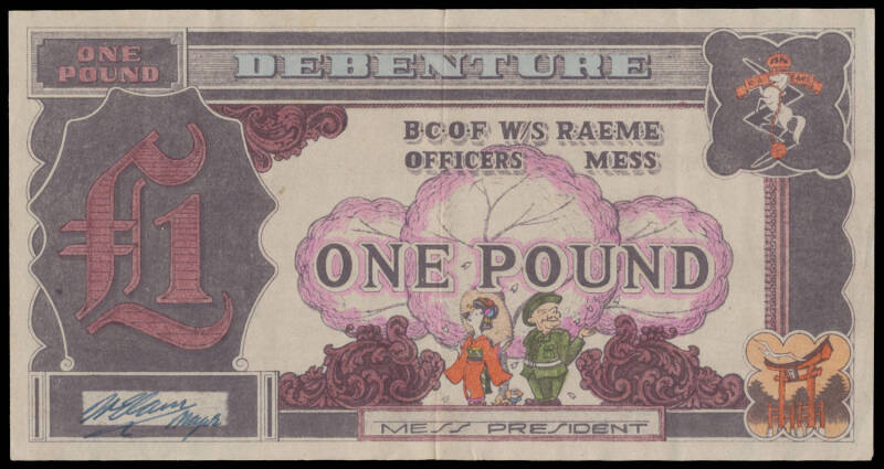 EPHEMERA: BCOF £1 Officers Mess Debenture 'B.C.O.F W/S R.A.E.M.E. / OFFICERS MESS' (232mm x 153mm) uniface lithographed and signed by 'W. Elam (?) Major', all with centre folds, VF. Not seen by cataloguer before.