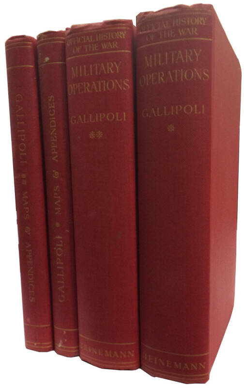 LITERATURE - WWI: GALLIPOLI 'Official History of the War - Military Operations, Gallipoli' (1929-32) compiled by C. F. Aspinall-Oglander, hardbound, 2 volumes plus 'Maps and Appendices' 2 volumes complete with 11 loose fold out maps, some in colour, in go