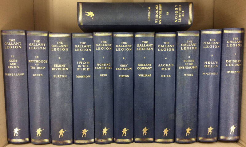 LITERATURE: 'The Gallant Legion' (1933-36) complete set of 12 Australasian WWI stories, 'Desert Column' Idriess, 'Hell's Bells' Maxwell, 'Guests of the Unspeakable' White, 'Jacka's Mob' Rule, 'Gallant Company' Williams, 'Fighting Cameliers' Reid, 'Iron in