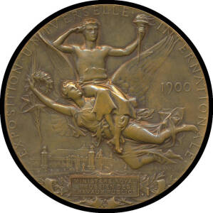 MEDALLIONS: FRANCE, 1900 Paris International Exhibition, Bronze (63mm) bust of France facing right below Oak tree, Paris in the background, reverse Victory flying bearing a victor above inscribed plaque 'MINISTERE ROYAL / PRUSSIEN DES / TRAVAUX PUBLICS' (