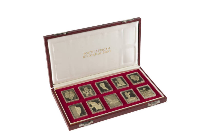 SOUTH AFRICA: 1978 'The Ten Commandments' by Vladimir Tretchikoff, ten medallions each featuring an artistic interpretation of the ten commandments in gold, each medallion contains 40g of 18 carat gold (32mm x 31.5mm x 2.5mm), #114/500 in red presentaion