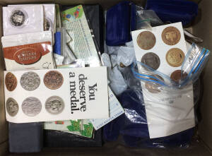 Carton containing collection remainders with $1 1984 Proof x2, 1993-94 Unc mintmark coins, 1981 20c & 50c loose, 2001 20c & 50c Proof Collection, 'Facsimile Collection of Historic Australian Coins' and RAM facsimile Medals & Medallions collection x2.