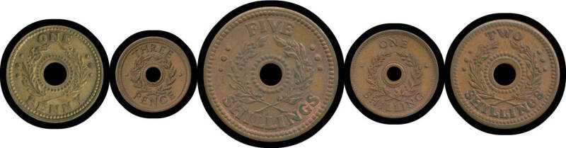INTERNMENT CAMPS: 1d brass 3d, 1/-, 2/- and 5/- copper 'Internment Camps' tokens, all aEF.