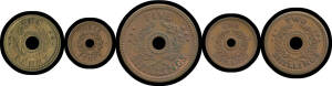 INTERNMENT CAMPS: 1d brass 3d, 1/-, 2/- and 5/- copper 'Internment Camps' tokens, all aEF.