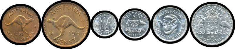 PROOFS: 1963 Proof Coins, ½d & 1d Perth Mint set and 3d 6d 1/- and 2/- Melbourne Mint set, FDC.