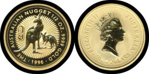 FIFTY DOLLARS: 1996 $50 'The Australian Nugget' ½oz .999 gold, bearing the chinese 'Shu' (longevity) privy mark, cert # 398. 