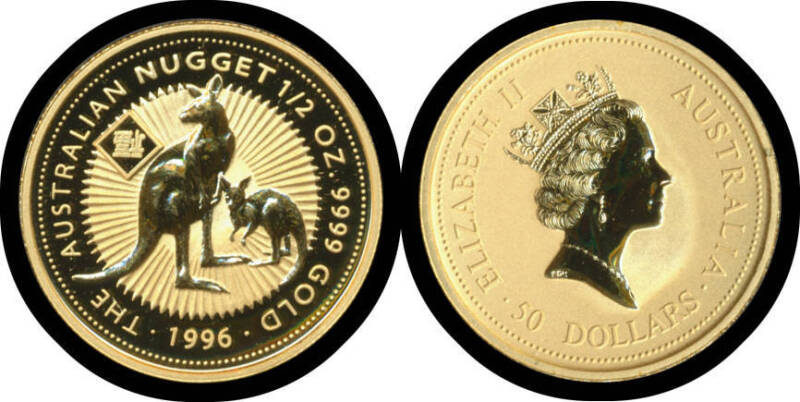 FIFTY DOLLARS: 1996 $50 'The Australian Nugget' ½oz .999 gold, bearing the chinese 'Fok' (good fortune) privy mark, cert # 386. 