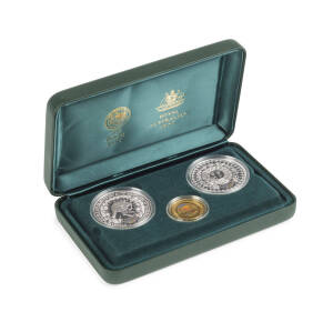 ONE HUNDRED DOLLARS: 'The Sydney 2000 Olympic Silver Coin Collection' (#5712) cased set comprising gold $100 'The Journey Begins' 10.021g 99.99% plus silver $5 'Flora and Fauna' and 'Festival of the Dreaming' each 31.6g 99.9%. 